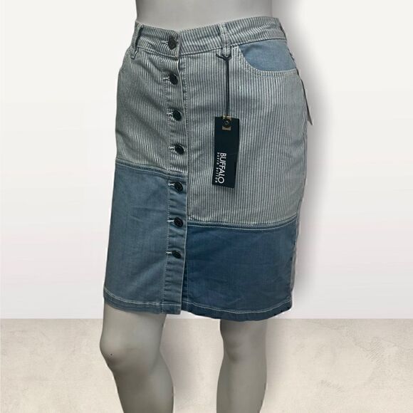 Buffalo Mixed  Print Patchwork Denim Vertical Striped‎  70s Look Skirt Sz 4 NWT - Picture 3 of 7